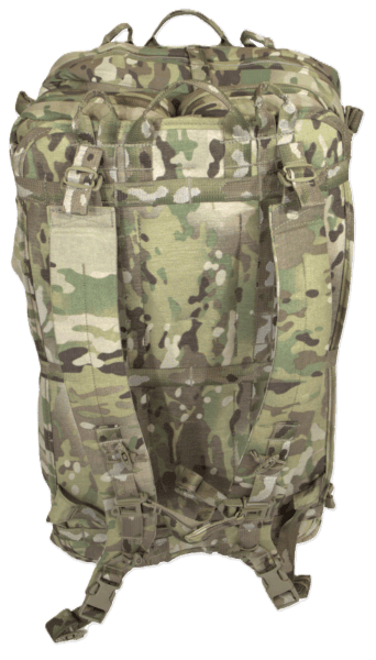 A military-style camouflage backpack, perfect for onsite technical rescue standby teams, with multiple straps and buckles, shown from the back.