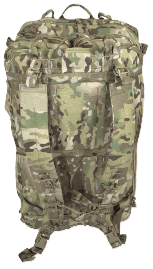 A military-style camouflage backpack, perfect for onsite technical rescue standby teams, with multiple straps and buckles, shown from the back.
