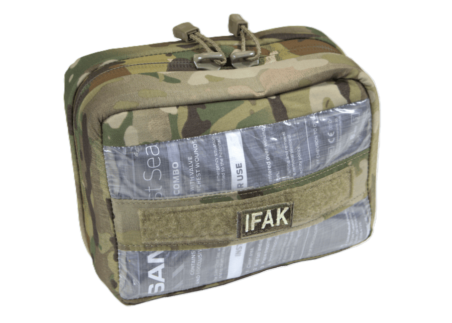 Camouflage-patterned IFAK pouch with a visible window showing supplies inside, ideal for tactical rescue training, featuring dual zippers and a Velcro patch.