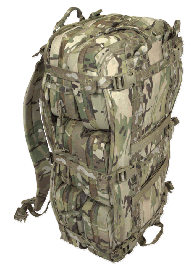 A camouflaged military-style backpack, ideal for fire rescue, features multiple compartments and straps, standing upright against a white background.