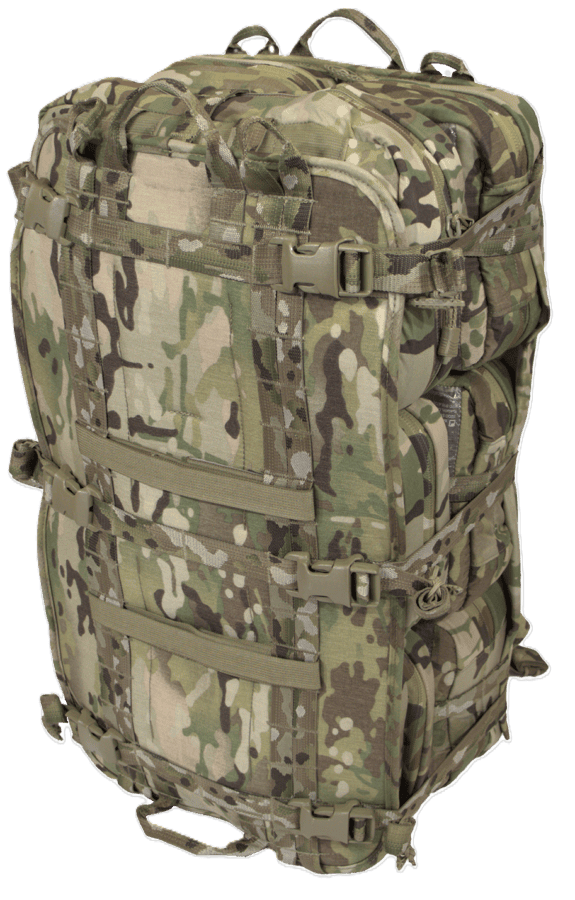 A large camouflage military backpack with multiple straps and compartments, ideal for fire rescue gear and equipment.