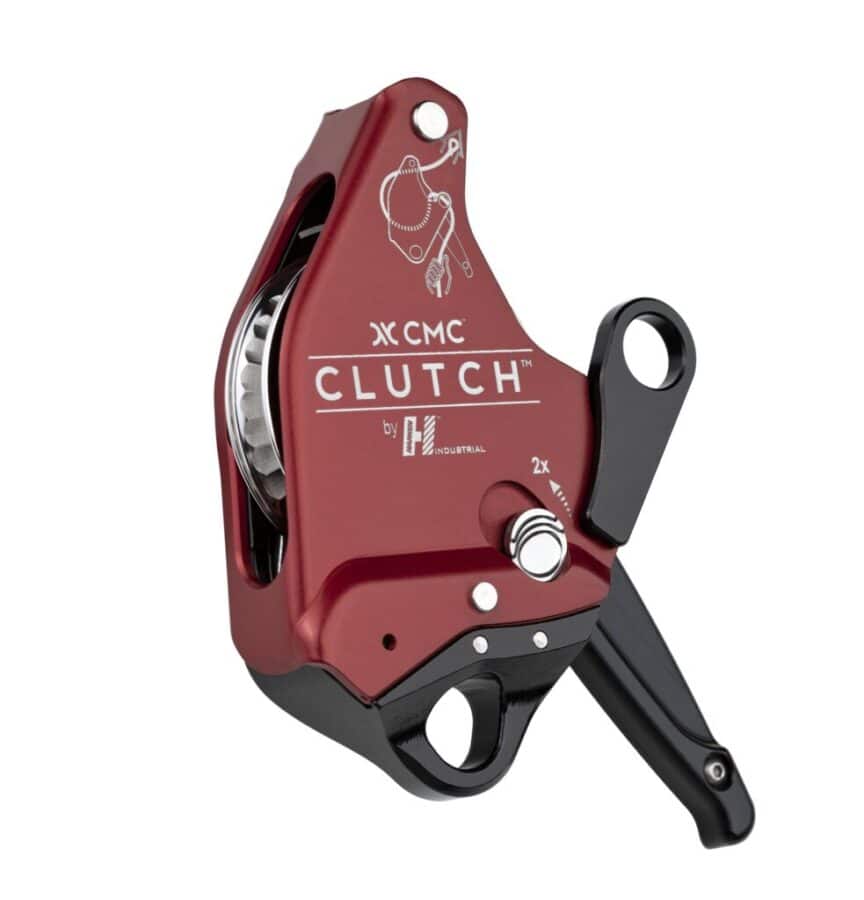Red mechanical device labeled 