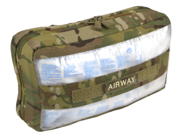 Camouflage-patterned medical pouch labeled 