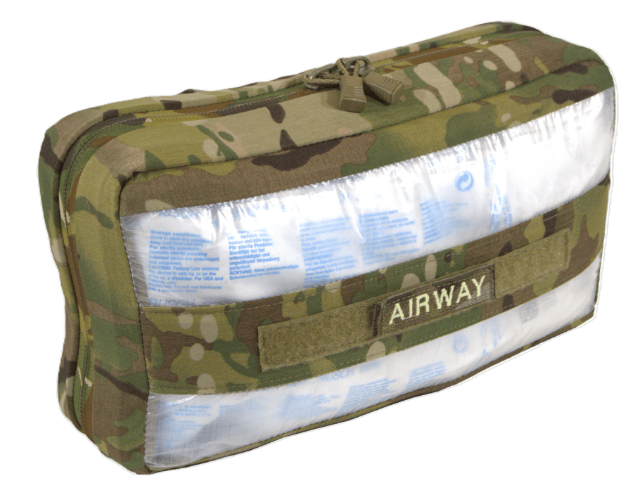 Camouflage-patterned medical pouch labeled 