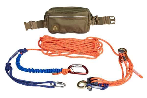 A green utility pouch above a coiled orange and blue rope with carabiners, ideal for tactical rescue training, on a white background.