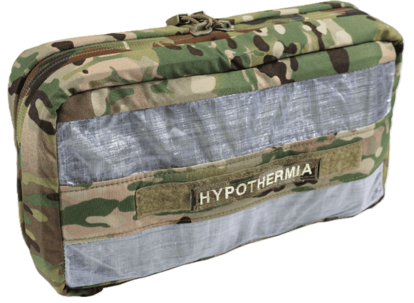 A camouflage-patterned pouch labeled 