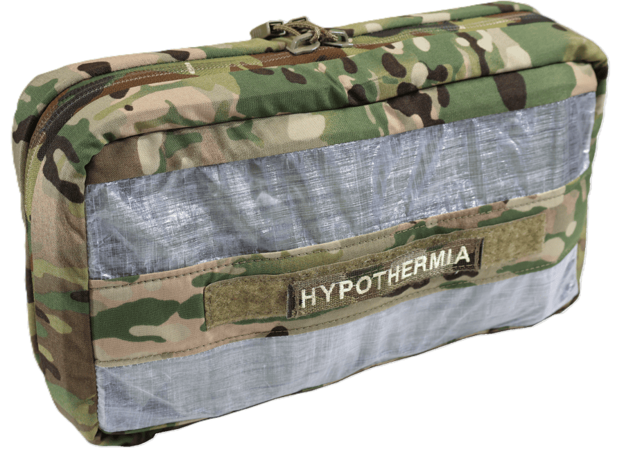 A camouflage-patterned pouch labeled 