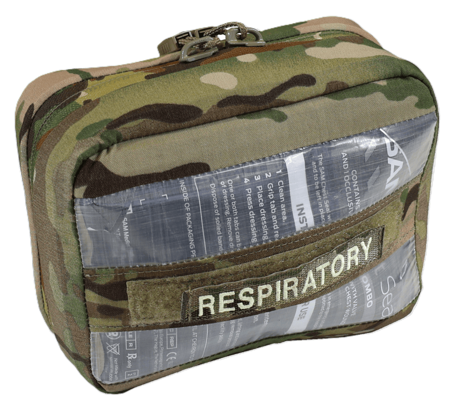 A camouflage pouch with a clear front displaying packets, labeled 