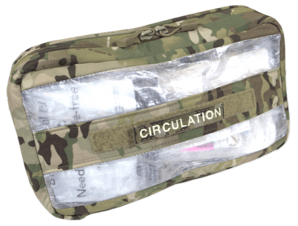 A camouflage zippered pouch with a clear front displaying medical supplies, ideal for tactical rescue training, labeled 
