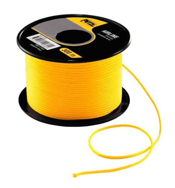 A spool of yellow rope for tactical rescue training, with a black top and base, labeled 300 meters. A loose end is coiled beside the spool.