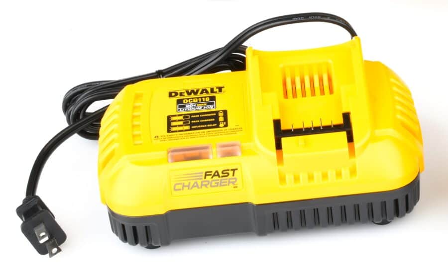 Yellow DeWalt battery charger with a black cord, labeled 
