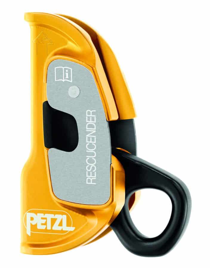 Close-up of a Petzl Rescucender, ideal for onsite technical rescue standby teams, featuring a gold ascender with black handle and silver label.