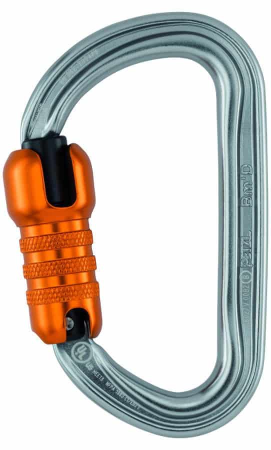 A silver belay carabiner with an orange screw-lock, ideal for tactical rescue training. Stamped with safety specs and information.