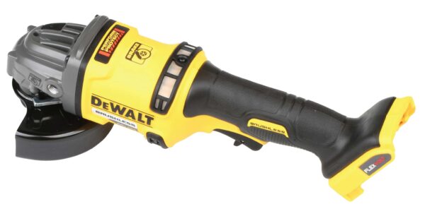Yellow and black DeWalt cordless angle grinder features FlexVolt battery compatibility, ideal for industrial rescue teams with its efficient design.
