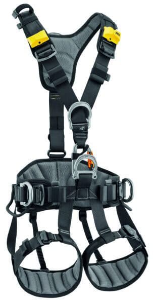 A black and gray safety harness for tactical rescue training, with adjustable straps, yellow clips, buckles, and metal loops.