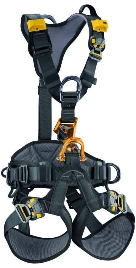 Black safety harness with padded straps and yellow buckles, perfect for industrial rescue or climbing, shown against a white background.