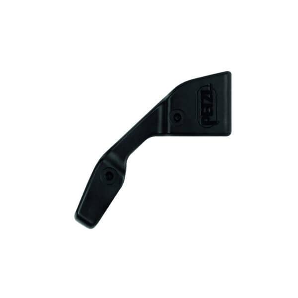A black Tizer plastic lever with two screw holes, angled for a mechanical device used in industrial rescue scenarios.