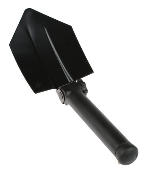 A black folding shovel with a triangular blade, perfect for fire rescue tasks, positioned at an angle against a white background.