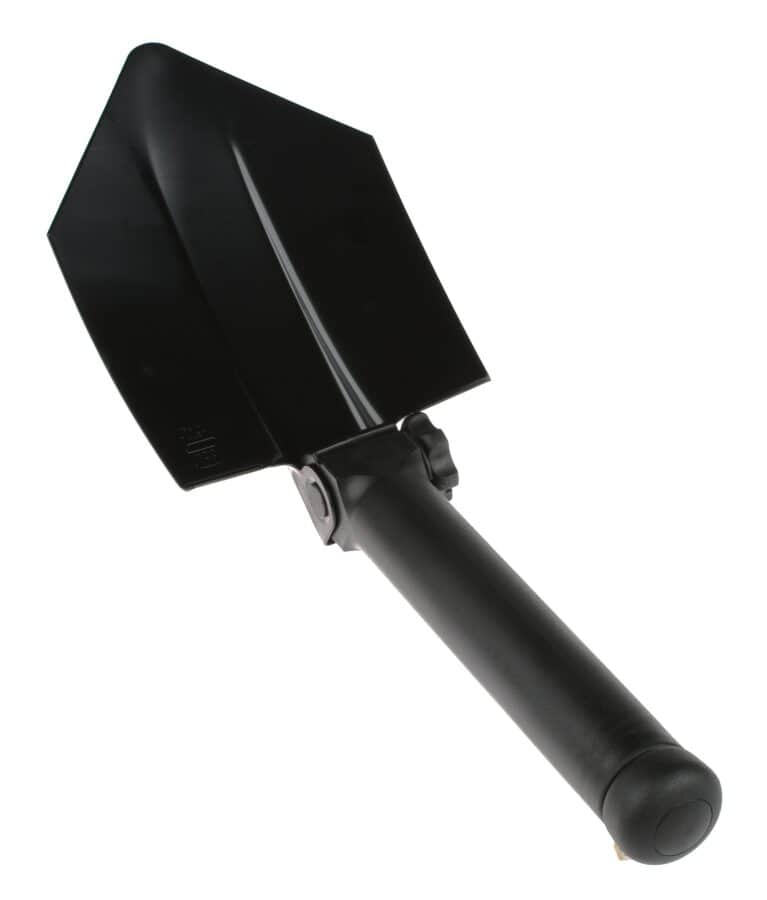 A black folding shovel with a triangular blade, perfect for fire rescue tasks, positioned at an angle against a white background.