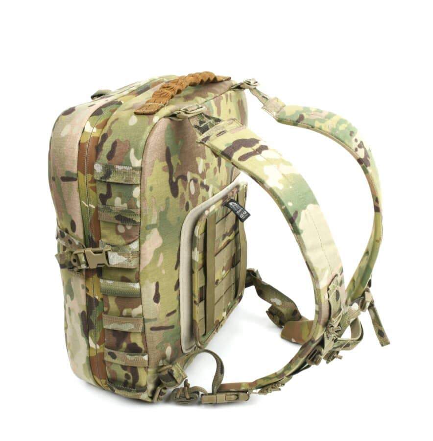 A camouflage-patterned tactical backpack, ideal for tactical rescue training, is shown from a side angle. It features padded straps and multiple compartments.