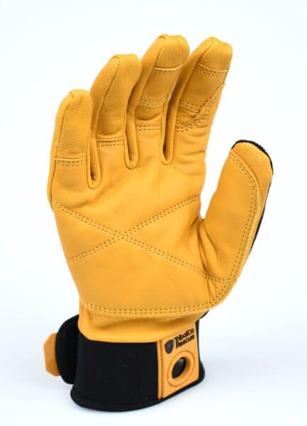 Yellow leather glove with a black wrist strap and logo, perfect for industrial rescue tasks, shown palm forward on a white background.