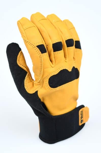 A yellow and black work glove with reinforced padding, ideal for fire rescue, features a Velcro strap and is positioned palm out on a white background.