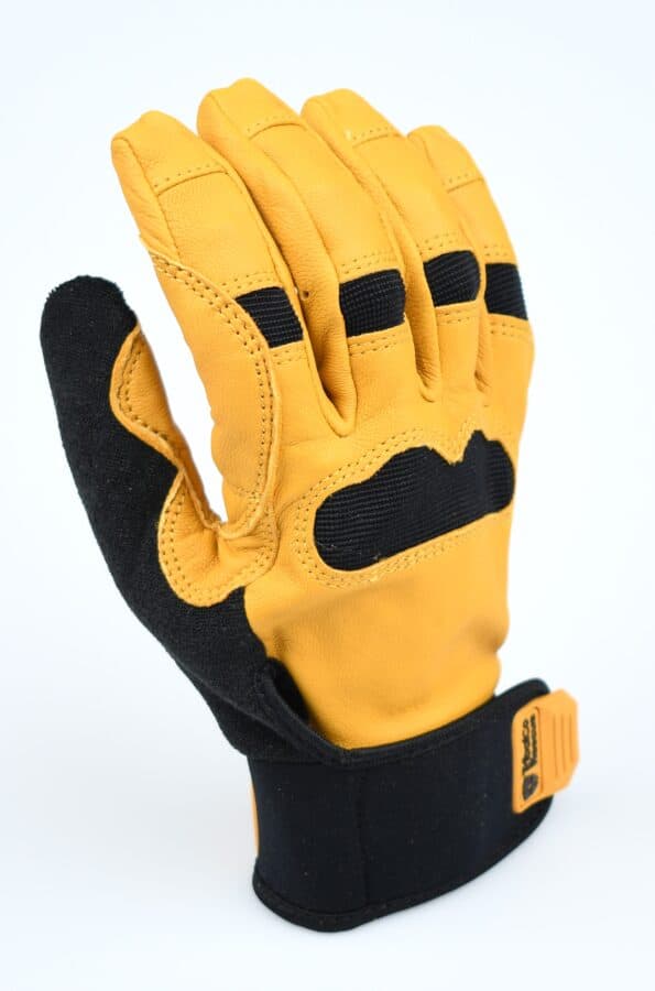 A yellow and black work glove with reinforced padding, ideal for fire rescue, features a Velcro strap and is positioned palm out on a white background.