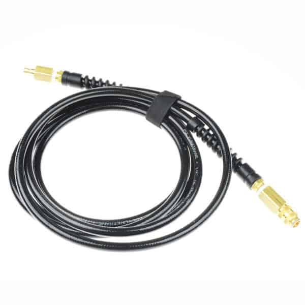 Coiled black cable with gold connectors, perfect for tactical rescue training, secured with a black Velcro strap.