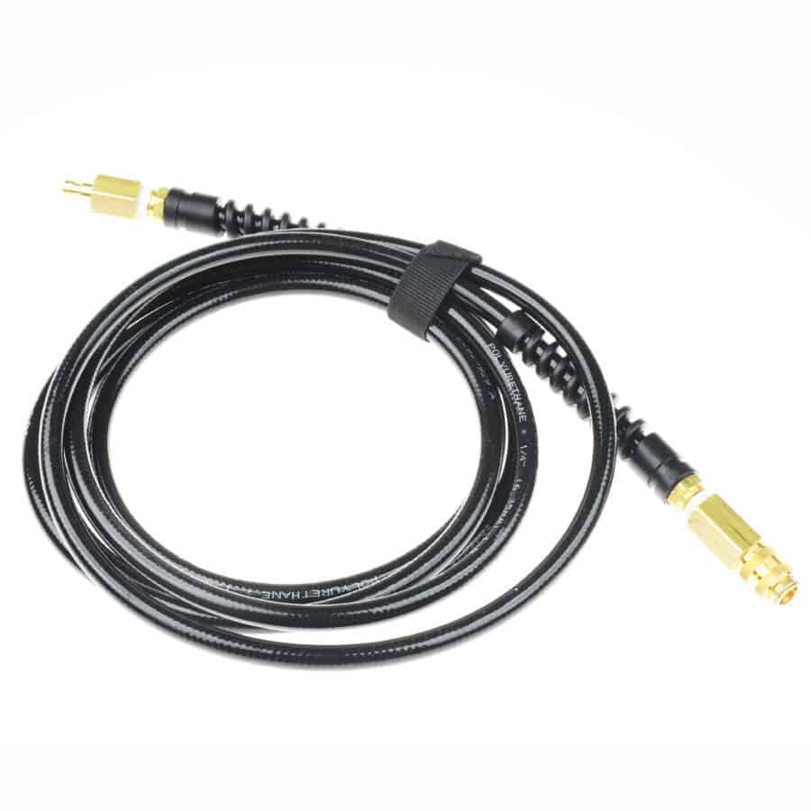 Coiled black cable with gold connectors, perfect for tactical rescue training, secured with a black Velcro strap.