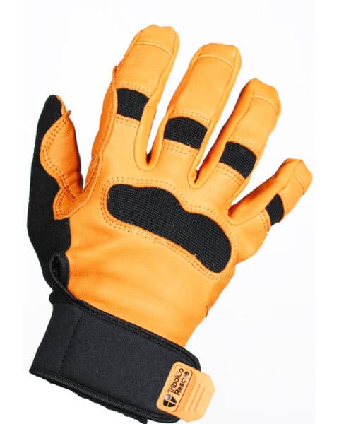 An orange and black work glove with reinforced knuckles, perfect for tactical rescue training, is displayed against a white background.