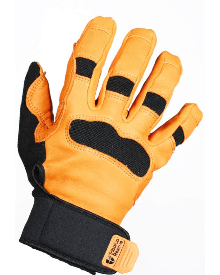 An orange and black work glove with reinforced knuckles, perfect for tactical rescue training, is displayed against a white background.