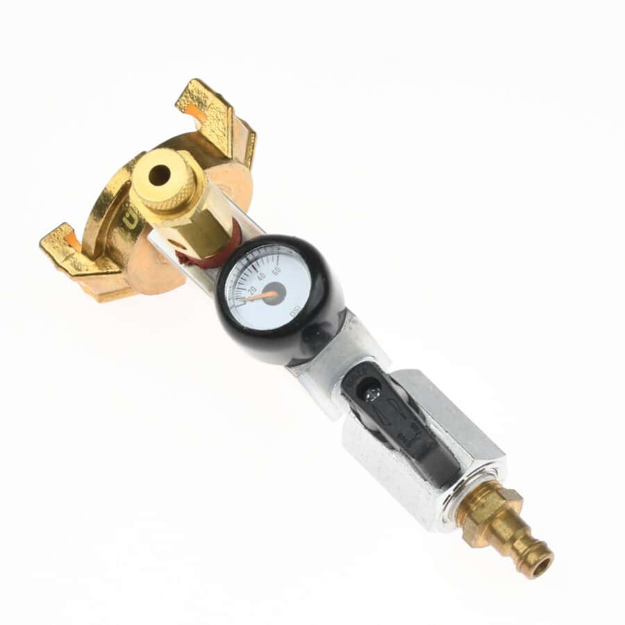 Brass and silver pressure regulator with a gauge, ideal for professional safety training, featuring a dial and fittings on a white background.