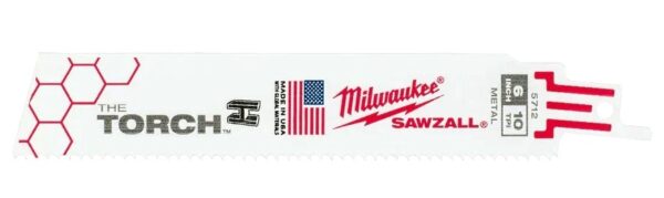 A white saw blade with red text reading 