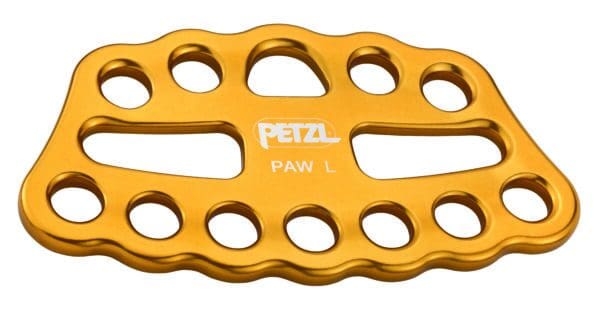 Yellow Petzl PAW L rigging plate with multiple attachment holes, ideal for industrial rescue and symmetrical precision.