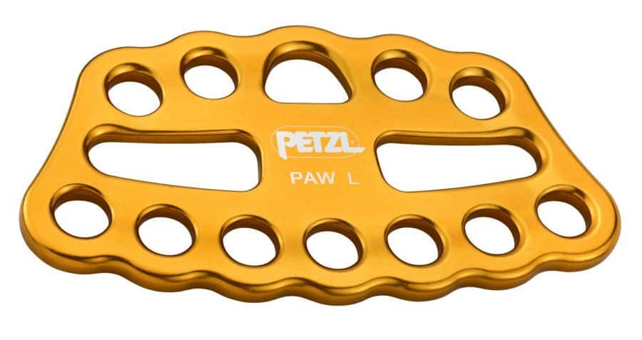 Yellow Petzl PAW L rigging plate with multiple attachment holes, ideal for industrial rescue and symmetrical precision.