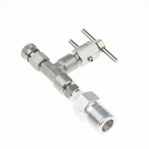 A metal T-shaped pipe fitting with threaded connections and a handle for tightening, ideal for industrial or plumbing use in fire rescue applications.