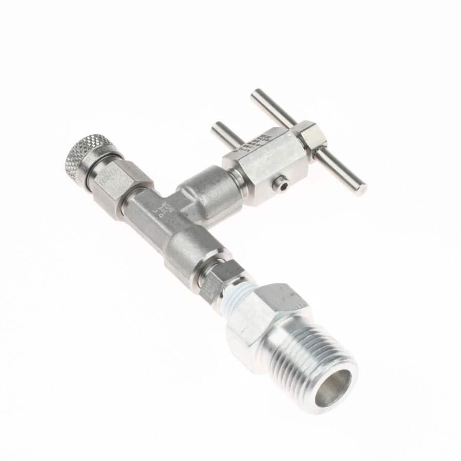 A metal T-shaped pipe fitting with threaded connections and a handle for tightening, ideal for industrial or plumbing use in fire rescue applications.