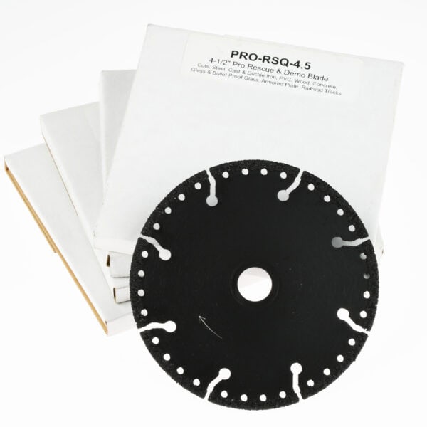 A black circular saw blade labeled 