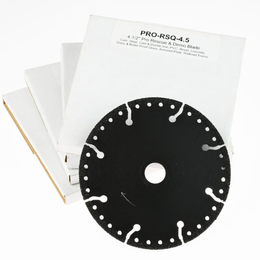 A black circular saw blade labeled 