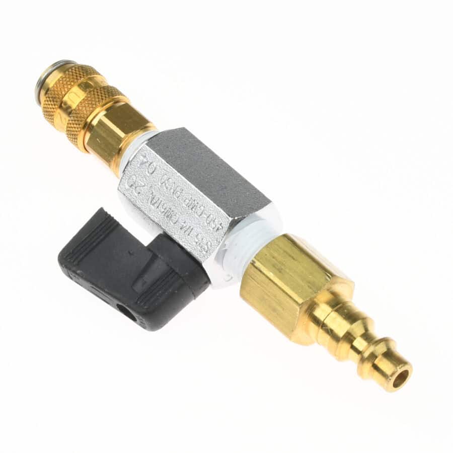 A metal pneumatic fitting with a brass connector and a black plastic lever, used in professional safety training for air hose connections.