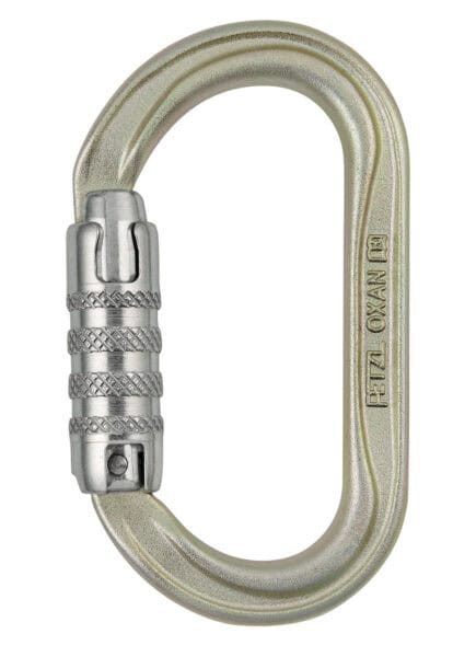 A metal carabiner with a silver screw-lock mechanism and engraved text on the side, ideal for industrial rescue, isolated on a white background.
