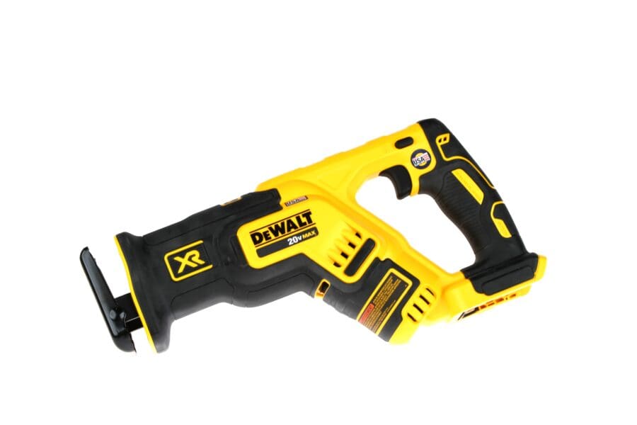 Yellow and black cordless reciprocating saw with a visible brand logo, ideal for tactical rescue training. Distinct handle and blade area for precision.