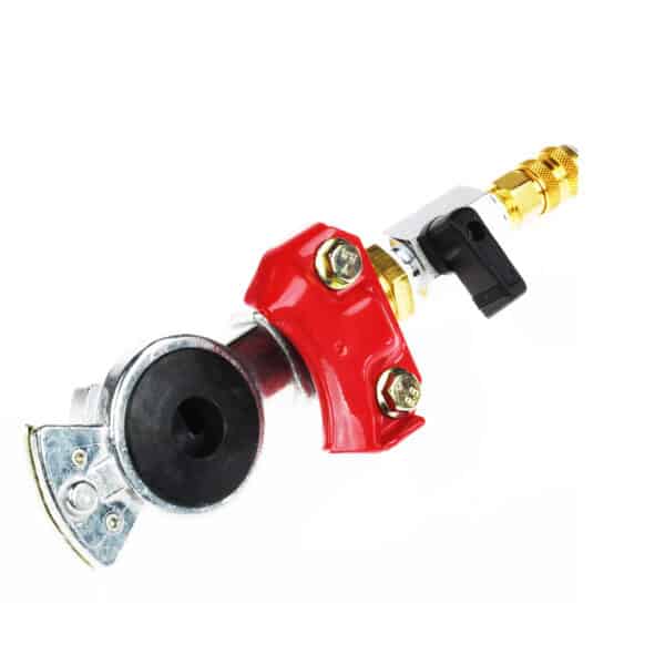 A metal valve assembly with brass fittings and a black handle, reminiscent of industrial rescue equipment, viewed against a white background.