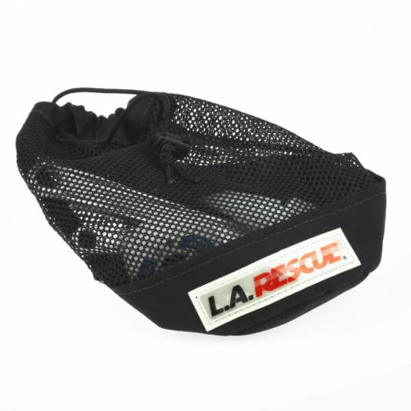 Black mesh storage bag with drawstring closure, labeled 