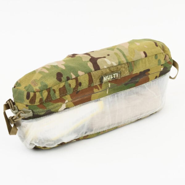A camouflage-patterned pouch with a transparent section, labeled 