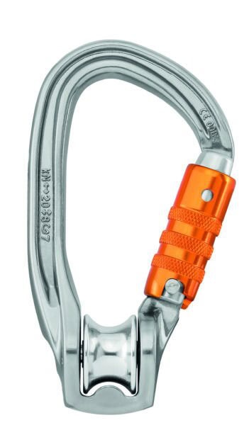 A silver carabiner with an orange locking mechanism, designed for climbing and fire rescue, is displayed against a white background.