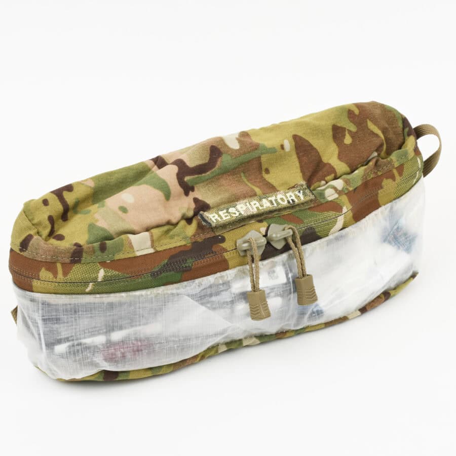 Camouflage-patterned pouch labeled 