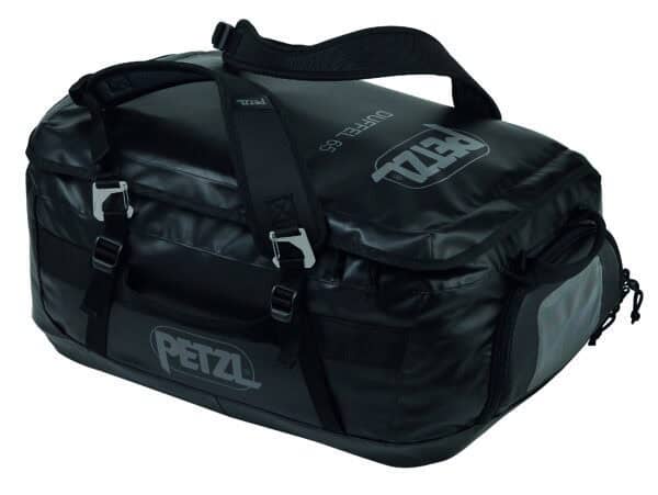 A black Petzl duffel bag with shoulder straps and metal buckles, perfect for fire rescue gear, featuring a logo and the text 