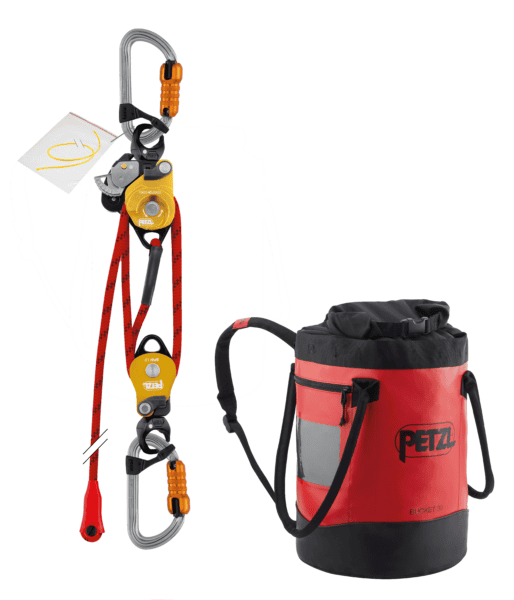 A red and black Petzl Bucket bag, and Petzel climbing hardware - ideal tools for for industrial, fire, and tactical rescue.