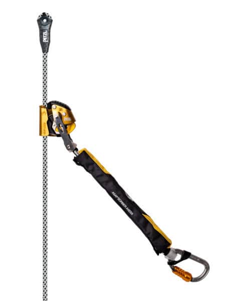 Yellow and black safety rope device with a carabiner, perfect for industrial rescue, attached to a white and black rope with a protective sleeve.